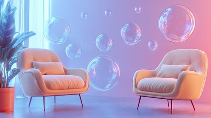 Poster - 3D shiny chat bubbles drifting in a contemporary room with a minimalist design, highlighting the future of digital communication and tech.