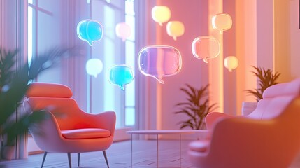 Poster - 3D shiny chat bubbles hovering in a contemporary room with ample light, emphasizing advanced digital communication and futuristic tech. -