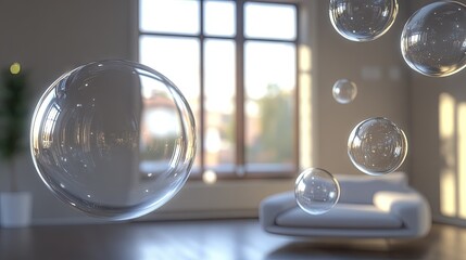 Poster - 3D shiny chat bubbles hovering in a contemporary room with ample light, emphasizing advanced digital communication and futuristic tech. -
