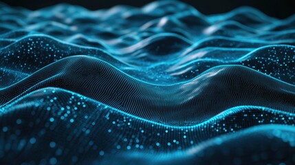 Poster - Abstract 3D terrain with horizontal blue lines of particles undulating on a dark backdrop, illustrating advanced digital interfaces and communication tech.
