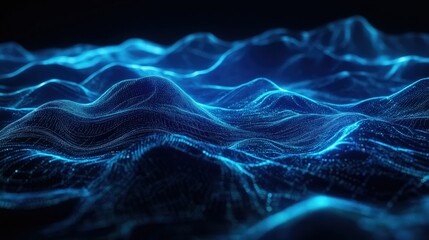 Poster - Abstract 3D terrain with horizontal blue lines of particles undulating on a dark backdrop, illustrating advanced digital interfaces and communication tech.