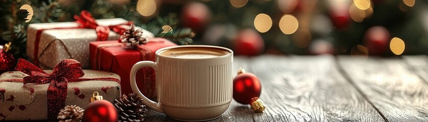 Wall Mural - Realistic coffee holiday gifts, close-up of coffee mugs and related items wrapped for Christmas, intricate details, high-definition clarity, natural light, warm and inviting festive scene