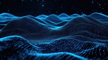 Poster - Abstract 3D terrain with horizontal blue lines of particles undulating on a dark backdrop, illustrating advanced digital interfaces and communication tech.