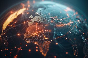 Poster - globe with a network of lines and dots surrounding it. The globe is lit up with a blue and red color scheme