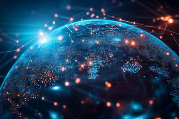 Poster - globe with a network of lines and dots surrounding it. The globe is lit up with a blue and red color scheme