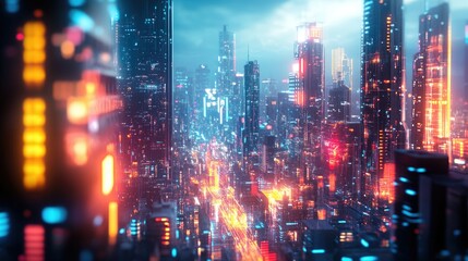 Poster - Abstract digital high-tech cityscape with panoramic view of neon-lit urban buildings and futuristic architectural designs.
