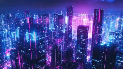 Poster - Abstract digital high-tech cityscape with panoramic view of neon-lit urban buildings and futuristic architectural designs.