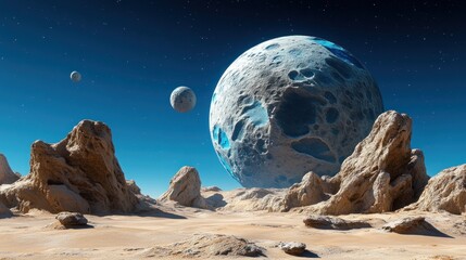 The scene captures a striking alien world with rocky formations and three planets looming in the background, illuminated by a vast starry sky, creating a sense of wonder and exploration