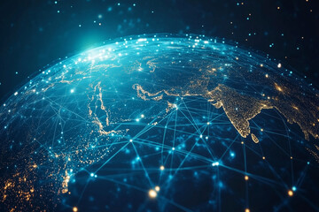 Poster - globe with a network of lines and dots surrounding it. The globe is lit up with a blue and red color scheme