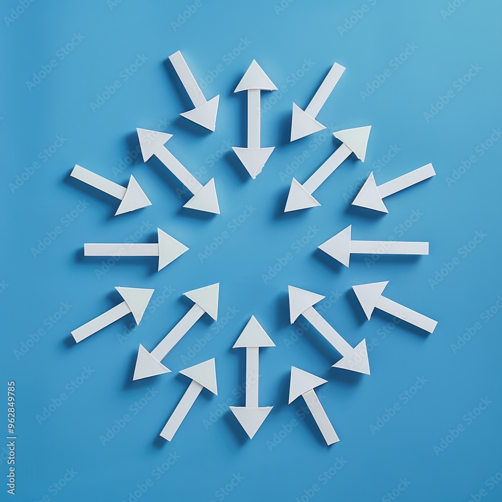 Multiple white arrows pointing in various directions on a blue ...