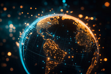 Poster - glowing globe with a blue and orange glow surrounding it. The globe is surrounded by a network of lights that create a sense of movement and energy. The image conveys a futuristic