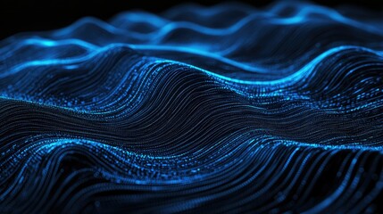 Fototapete - Black background with undulating blue lines of particles forming an abstract digital interface, ideal for modern tech and communication visuals.