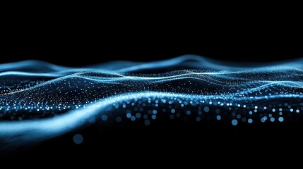 Fototapete - Black background with undulating blue lines of particles forming an abstract digital interface, ideal for modern tech and communication visuals.