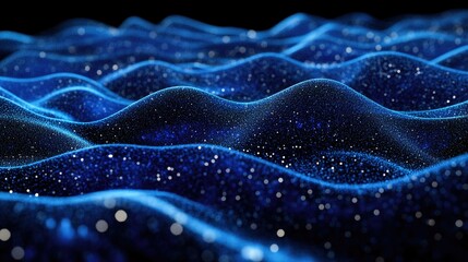 Leinwandbilder - Blue horizontal lines of particles creating a wavy effect on a black canvas, ideal for tech visuals and abstract digital interface representations. -