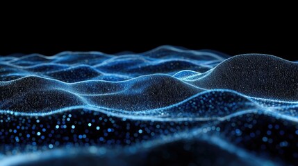 Leinwandbilder - Blue horizontal lines of particles creating a wavy effect on a black canvas, ideal for tech visuals and abstract digital interface representations. -
