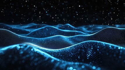 Leinwandbilder - Blue horizontal lines of particles creating a wavy effect on a black canvas, ideal for tech visuals and abstract digital interface representations. -