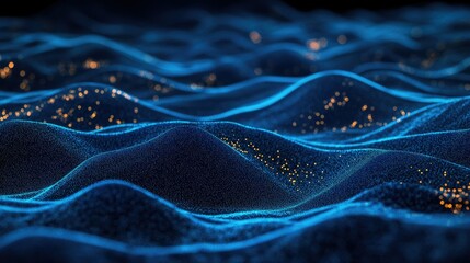 Poster - Blue horizontal lines of particles creating a wavy, undulating effect on a dark background, emphasizing abstract digital landscapes and communication technology