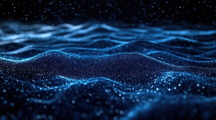 Poster - Blue horizontal lines of particles creating a wavy, undulating effect on a dark background, emphasizing abstract digital landscapes and communication technology