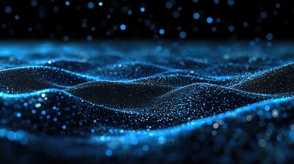 Poster - Blue horizontal lines of particles creating a wavy, undulating effect on a dark background, emphasizing abstract digital landscapes and communication technology