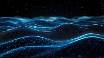 Leinwandbilder - Blue horizontal lines of particles creating a wavy, undulating effect on a dark background, emphasizing abstract digital landscapes and communication technology