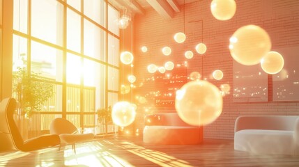 Poster - Bright and airy room with a group of luminous chat bubbles floating in mid-air, creating a sleek digital communication atmosphere.