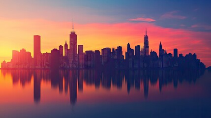 Poster - City skyline at sunset, with buildings casting long shadows and the sky ablaze with color
