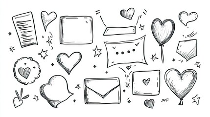 Fototapete - Collection of message box outlines and balloon doodle designs for text chatting, featuring space for custom text. Perfect for digital communication visuals.