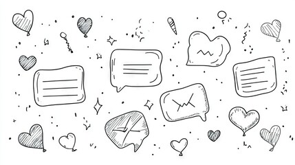 Fototapete - Collection of message box outlines and balloon doodle designs for text chatting, featuring space for custom text. Perfect for digital communication visuals.
