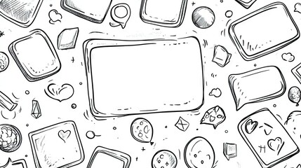 Fototapete - Collection of message box outlines and balloon doodle designs for text chatting, featuring space for custom text. Perfect for digital communication visuals.