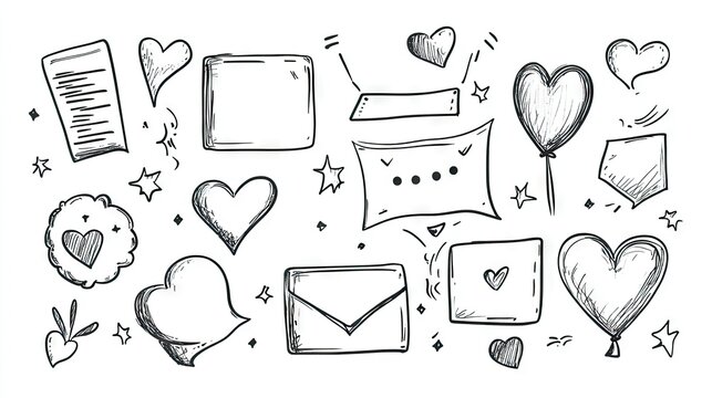 Collection of message box outlines and balloon doodle designs for text chatting, featuring space for custom text. Perfect for digital communication visuals.