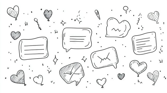 Collection of message box outlines and balloon doodle designs for text chatting, featuring space for custom text. Perfect for digital communication visuals.