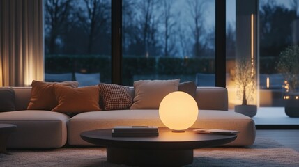 Contemporary living room setup with a stylish sofa, round table, and warm, glowing lamps creating a peaceful evening atmosphere.