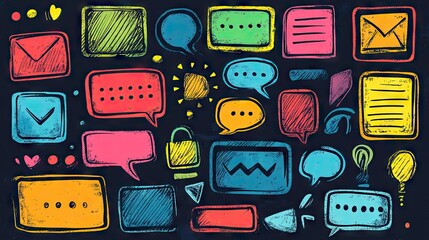 Fototapete - Creative set of message boxes and speech bubbles with doodle outlines and space for text. Perfect for adding personality to digital communication visuals.