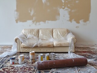 Wall Mural - Cream-colored leather sofa covered with plastic, paint cans ready for a home makeover