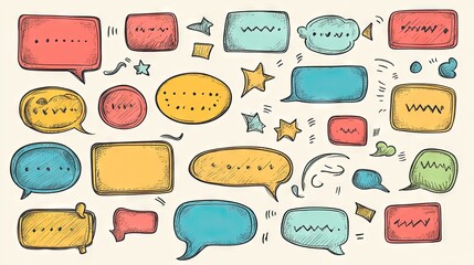 Fototapete - Creative set of message boxes and speech bubbles in doodle style with empty text areas. Great for chat design, social media, and messaging graphics.