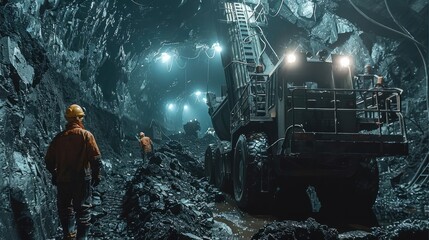 Poster - Coal miners working underground with headlights and heavy machinery. Generative AI.