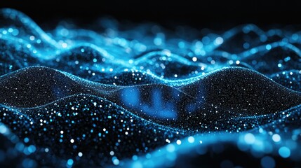Leinwandbilder - Dynamic blue particle lines forming horizontal waves and undulating across a black backdrop, ideal for showcasing digital and communication tech themes. -