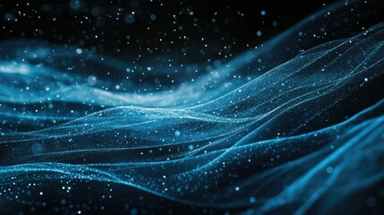 Leinwandbilder - Dynamic horizontal blue particle lines undulating in a 3D space against a black backdrop, representing modern communication technology and digital interfaces.