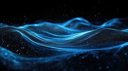 Leinwandbilder - Dynamic horizontal blue particle lines undulating in a 3D space against a black backdrop, representing modern communication technology and digital interfaces.