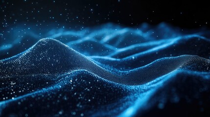 Leinwandbilder - Dynamic horizontal blue particle lines undulating in a 3D space against a black backdrop, representing modern communication technology and digital interfaces.