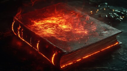 An ancient leather-bound book with glowing fiery red pages, exuding