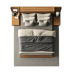 Interior furniture top view of a bed for a bedroom. Isolated on transparent background. PNG design element.