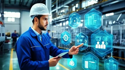 Person pushing a button on a virtual touch screen interface, civil worker in augmented virtual reality in production factory generative AI