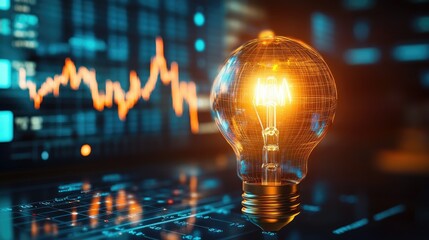 Poster - Electricity price increase shown on a graph with global market symbols and a glowing light bulb. Worldwide energy cost rise. -