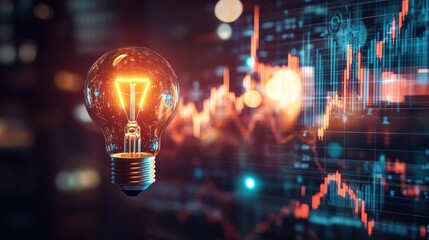 Poster - Electricity price increase shown on a graph with global market symbols and a glowing light bulb. Worldwide energy cost rise. -