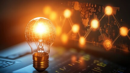 Poster - Electricity price increase shown on a graph with global market symbols and a glowing light bulb. Worldwide energy cost rise. -