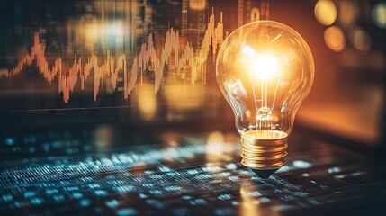 Poster - Electricity price increase shown on a graph with global market symbols and a glowing light bulb. Worldwide energy cost rise. -