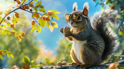 Wall Mural - Cool Squirrel with Sunglasses Holding a Nut