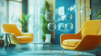 Poster - Floating, translucent chat bubbles in a stylish room setting, enhancing the concept of digital conversation and modern technology.