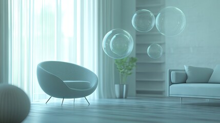 Poster - Floating, translucent chat bubbles in a stylish room setting, enhancing the concept of digital conversation and modern technology.